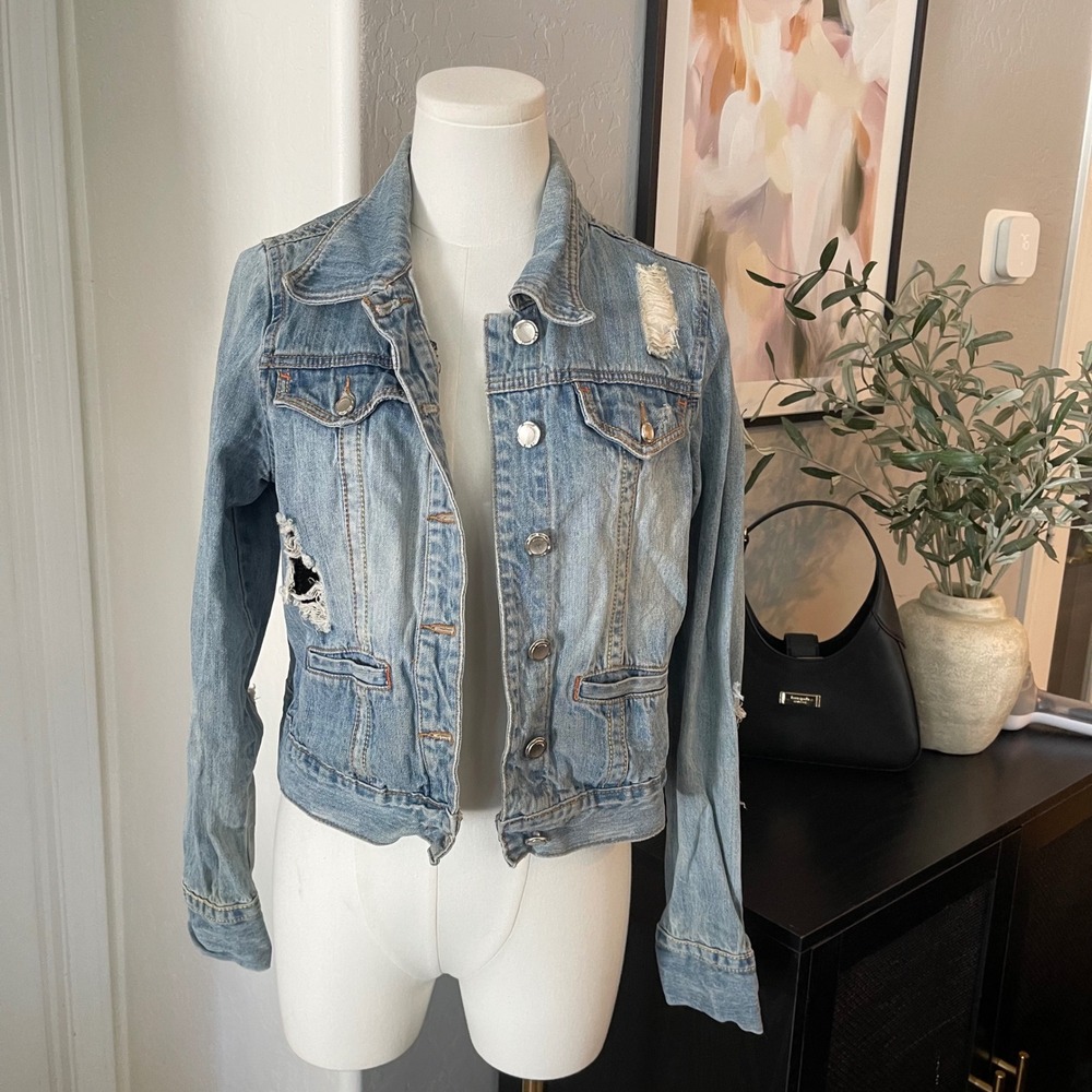 Joujou Royale Denim Jacket Womens L Light Blue Good Distressed Ripped Y2K Grunge